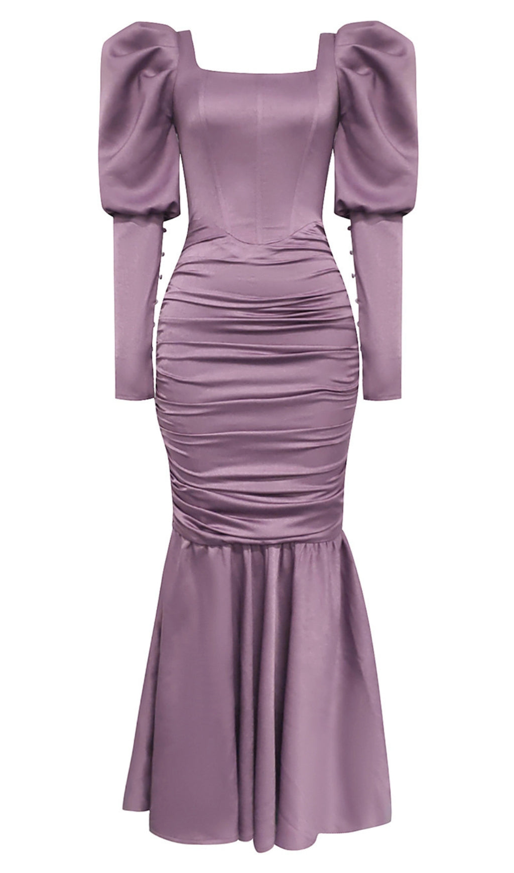 PUFF - SLEEVE RUCHED MERMAID MAXI DRESS IN LILAC