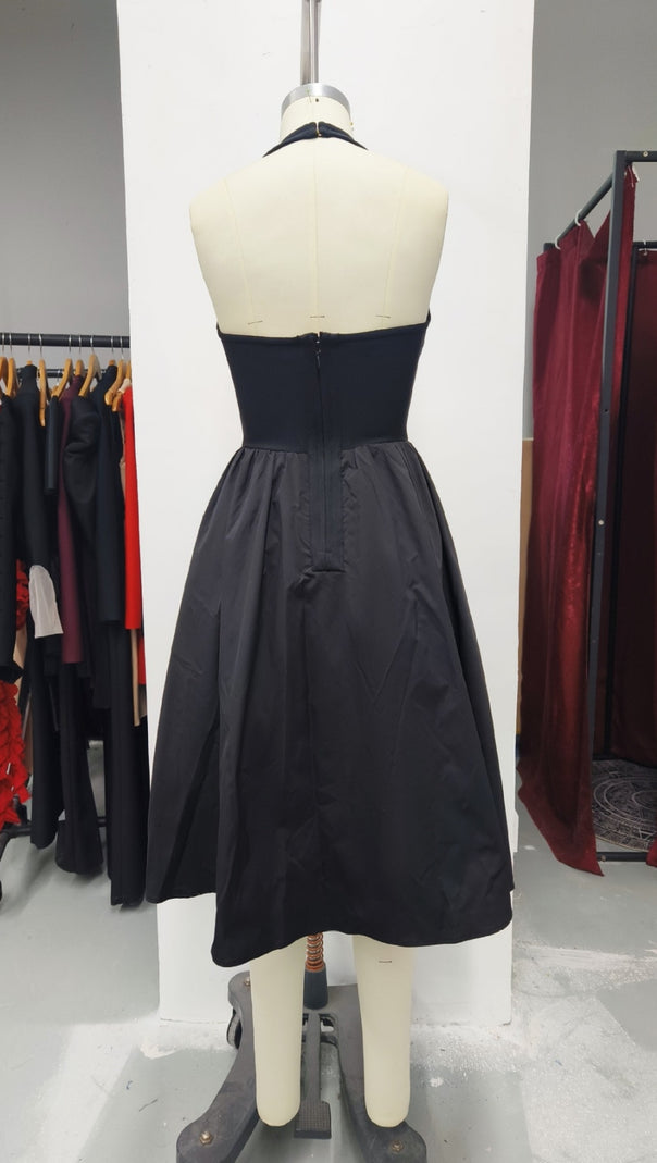 AIIZIE HALTER NECK BOW - LACE UP FLARED MIDI DRESS IN BLACK - product image
