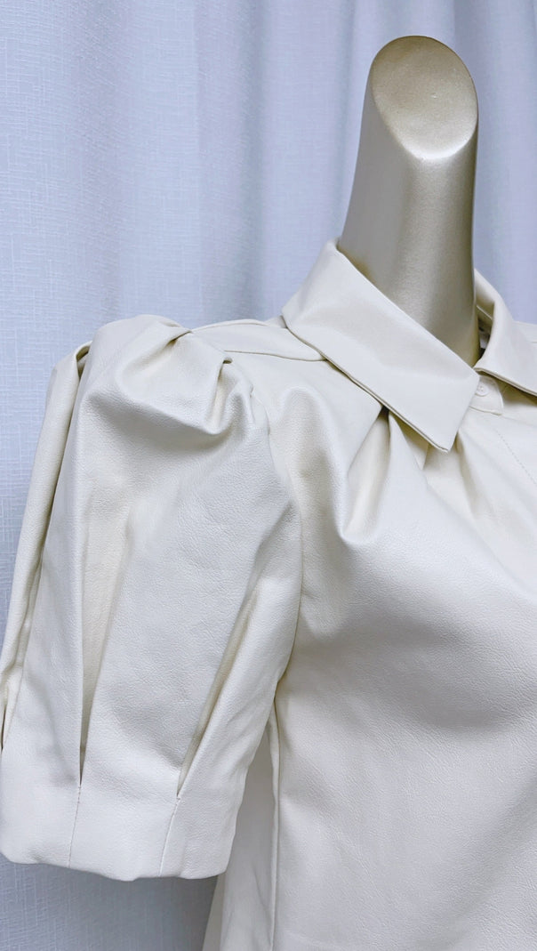AIIZIE WHITE LAPEL COLLAR LEATHER PUFF SLEEVES MINI DRESS - product image