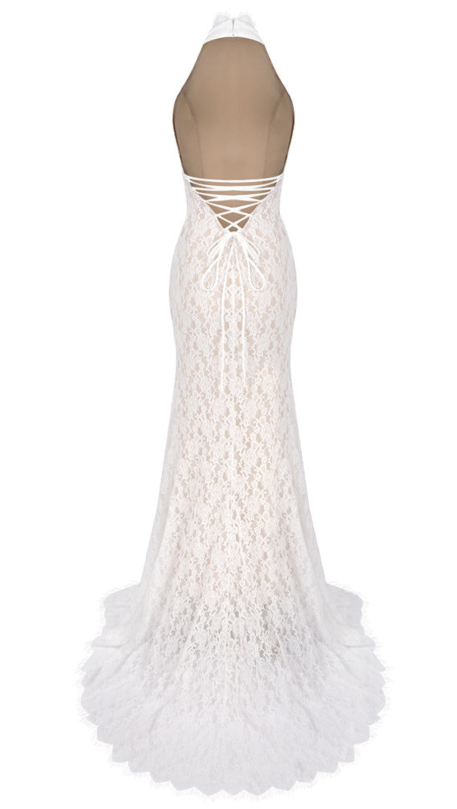 LACE HALTER NECK MERMAID MAXI DRESS IN WHITE