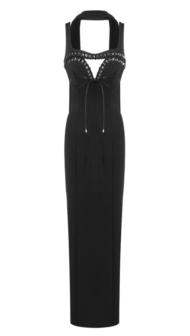 AIIZIE HALTER NECK LACE UP CUT OUT MAXI DRESS IN BLACK - product image