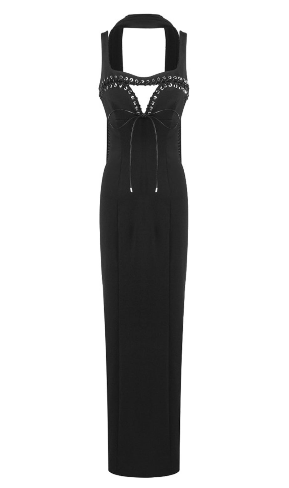 Halter Neck Lace Up Cut Out Maxi Dress in Black