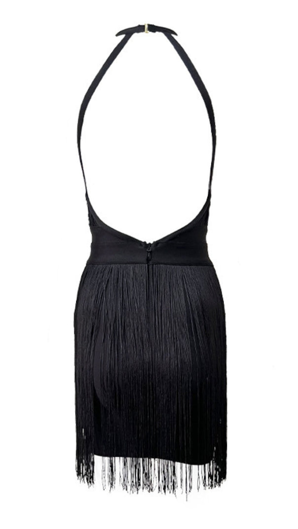 AIIZIE HALTER NECK FRINGE TRIM BANDAGE MINI DRESS IN BLACK - product image