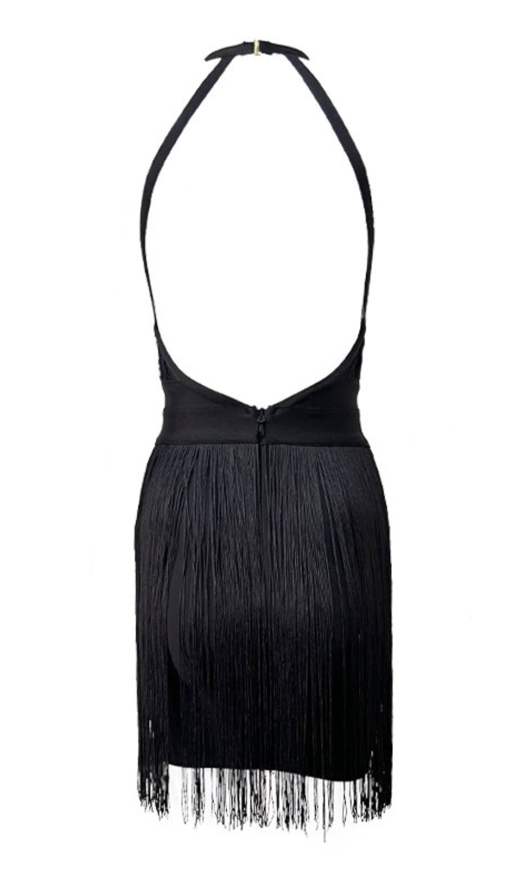 MINI ABITO NERO CON FRANGE E SCOLLO ALL'AMERICANO