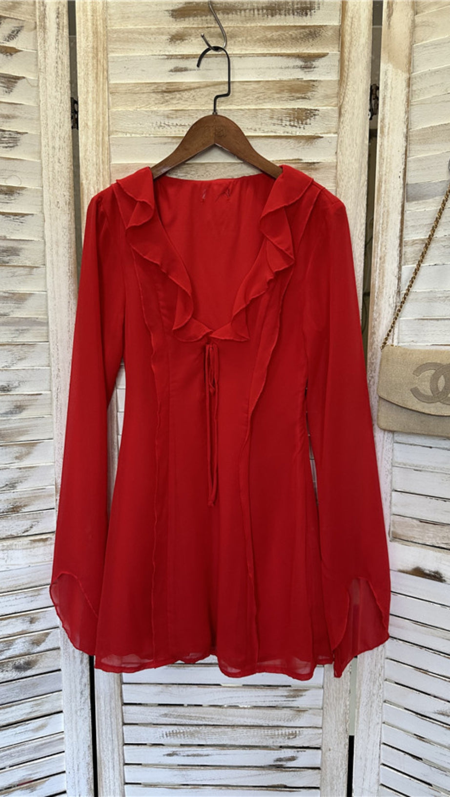 RUFFLED TIE DEEP V CHIFFON MINI DRESS IN RED