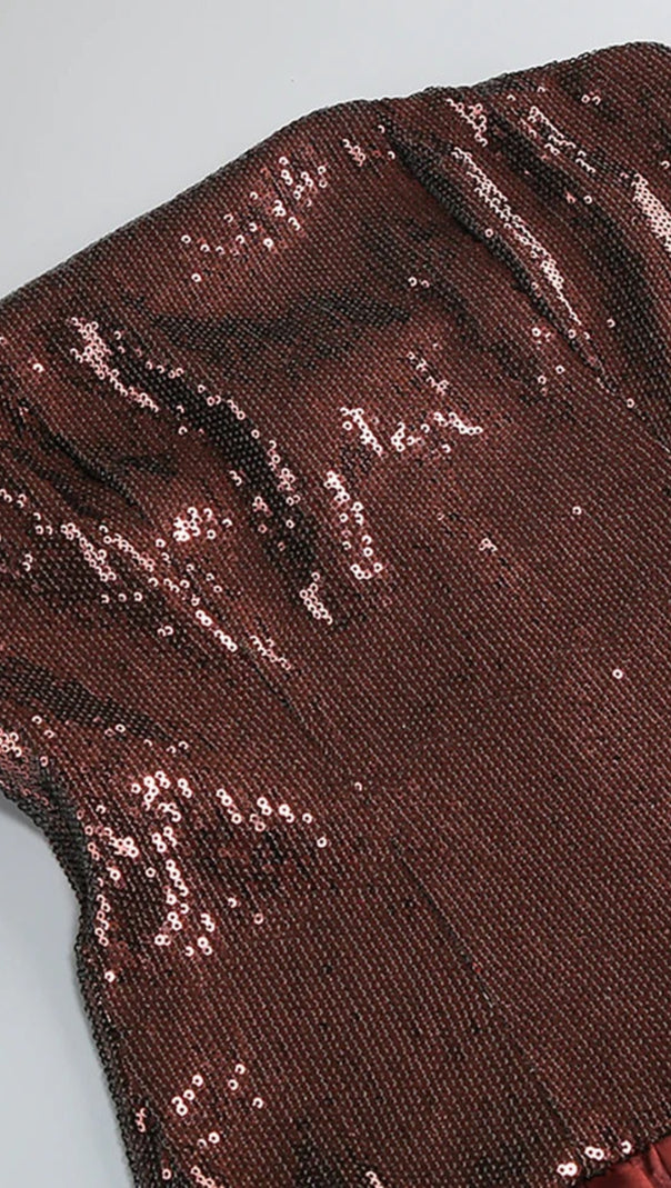 AIIZIE STRAPLESS SEQUIN BUBBLE MINI DRESS IN BROWN - product image