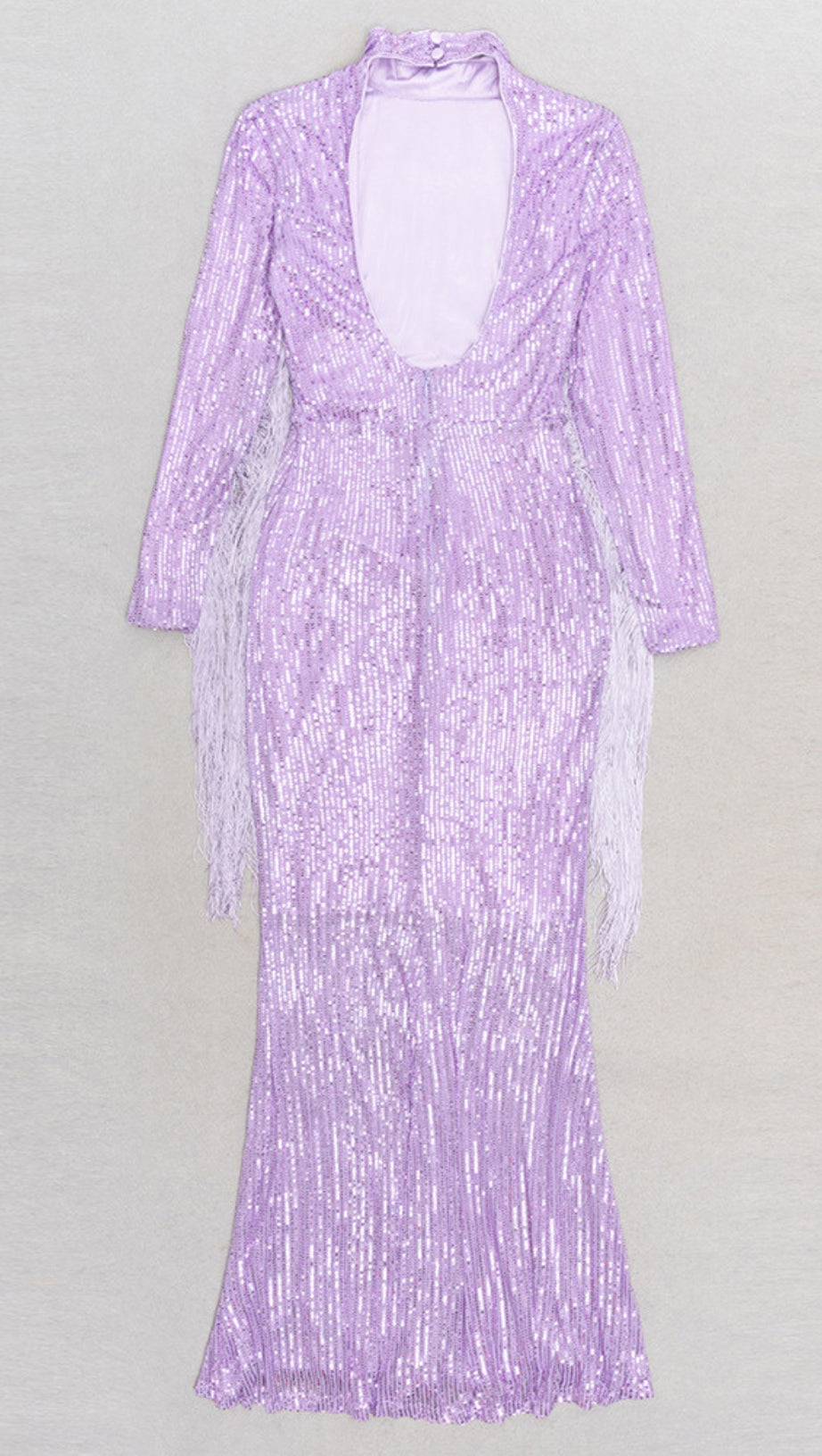 SEQUIN HIGH - NECK FRINGE - SLEEVE MAXI DRESS IN LILAC