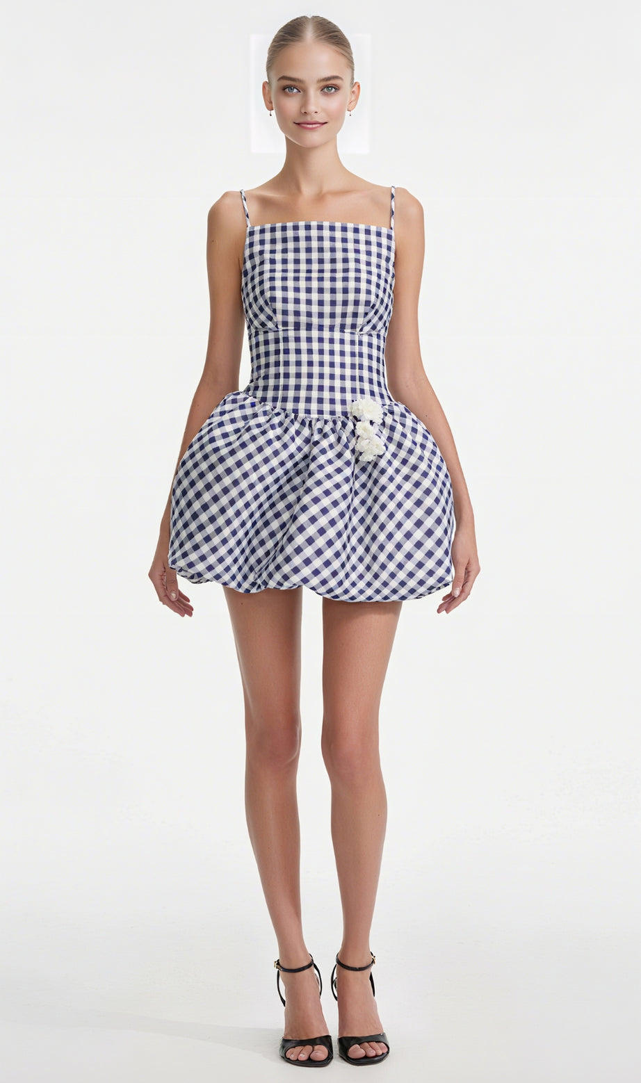 NAVY GINGHAM TAFFETA MINI DRESS