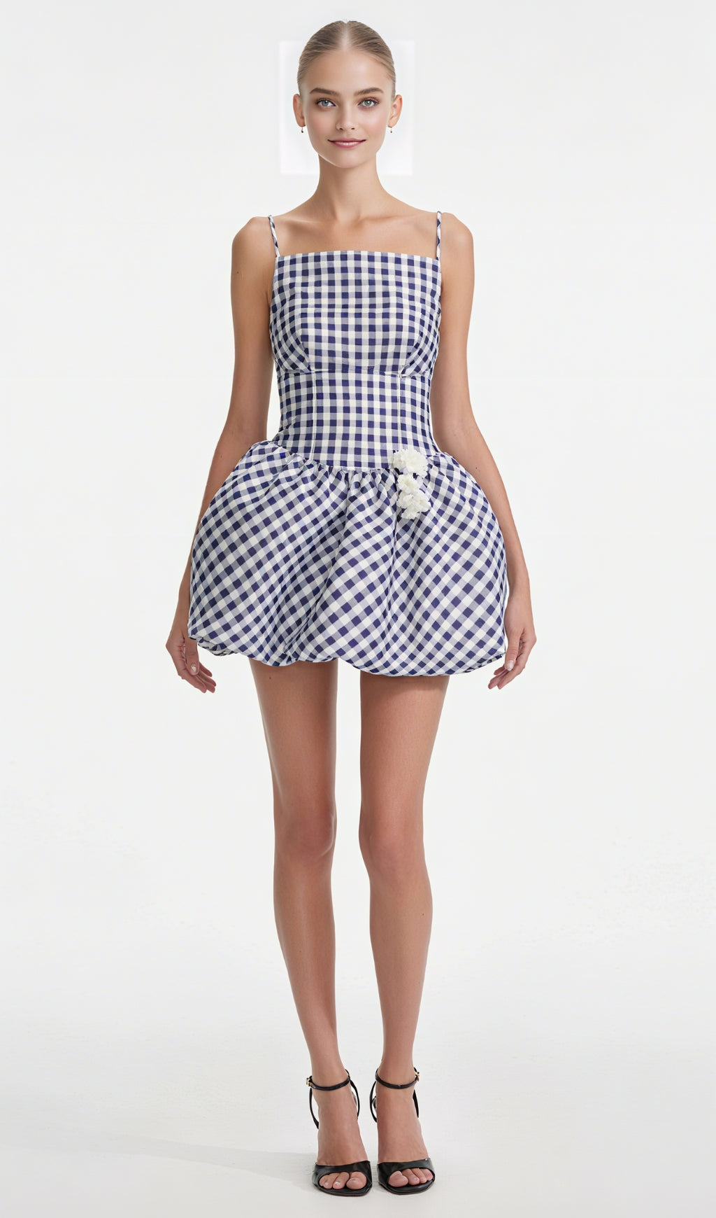 NAVY GINGHAM TAFFETA MINI DRESS