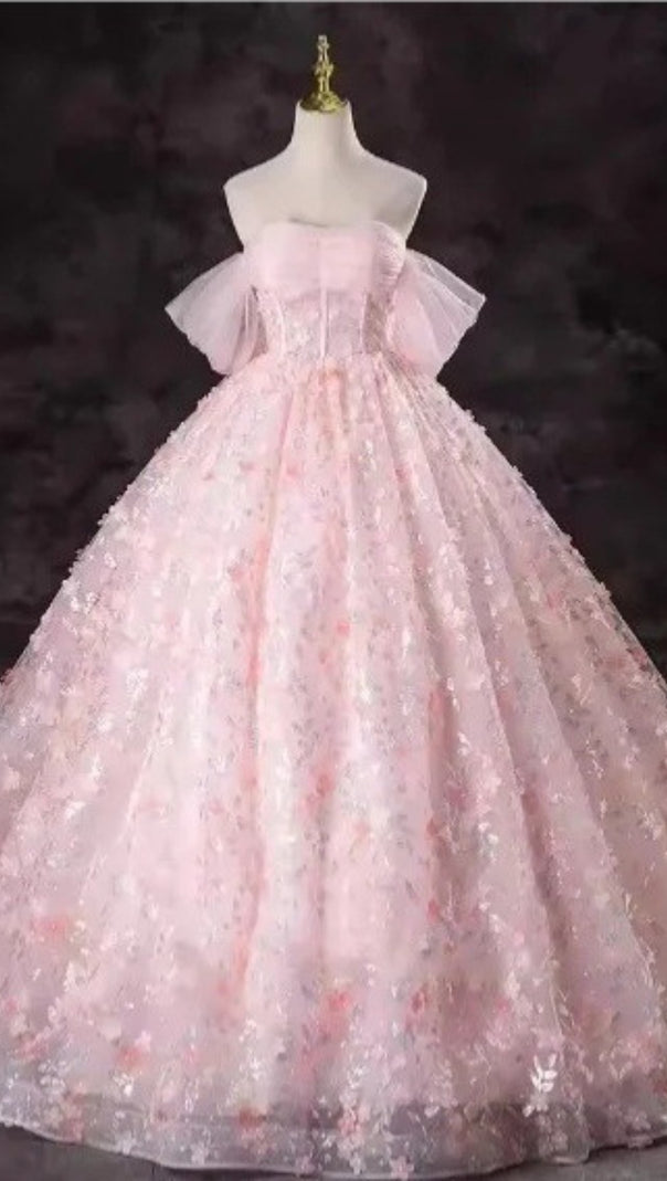 AIIZIE PINK OFF SHOULDER 3D FLOWER TULLE BALL GOWN PRINCESS MAXI DRESS - product image