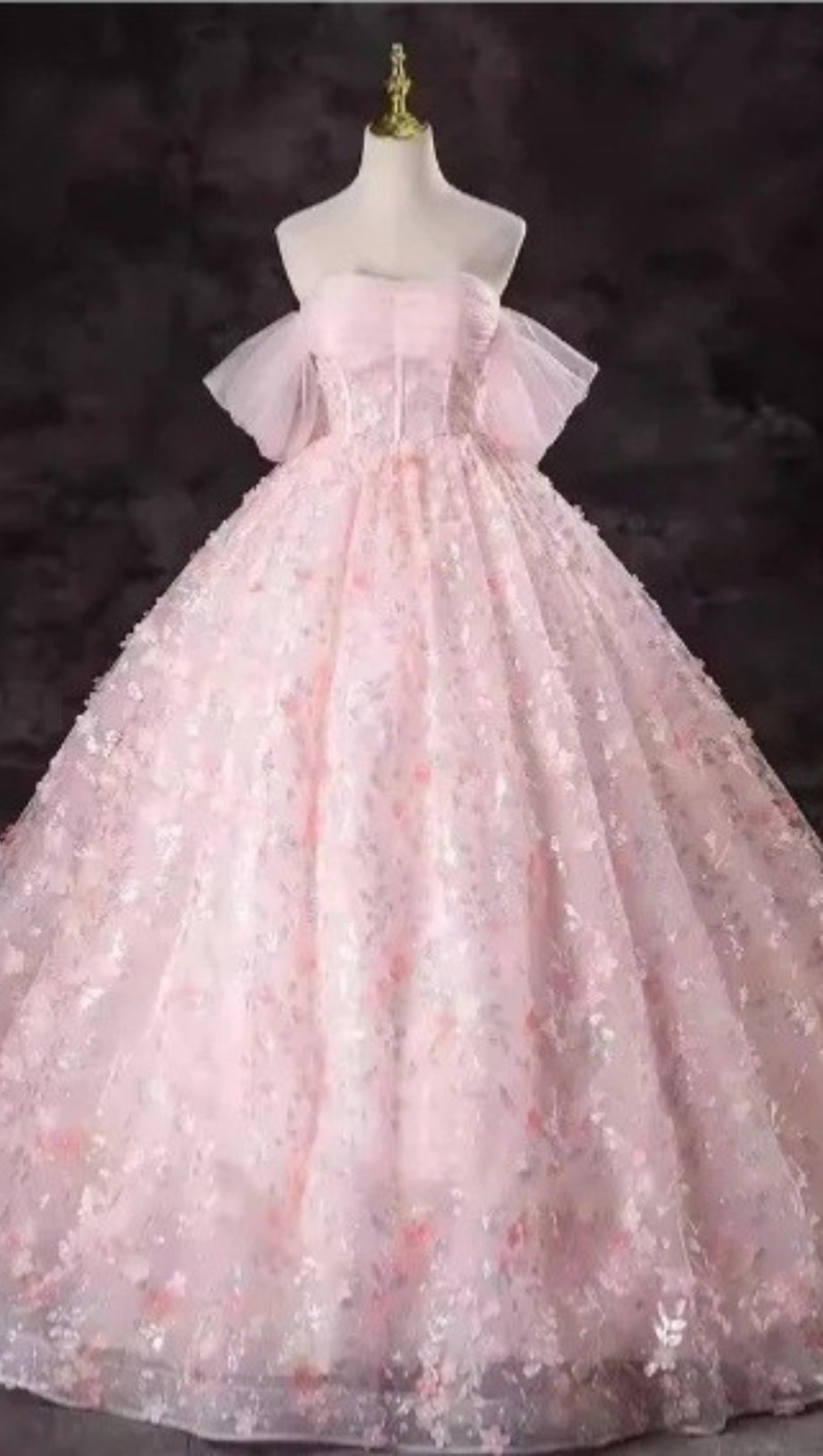 PINK OFF SHOULDER 3D FLOWER TULLE BALL GOWN PRINCESS MAXI DRESS