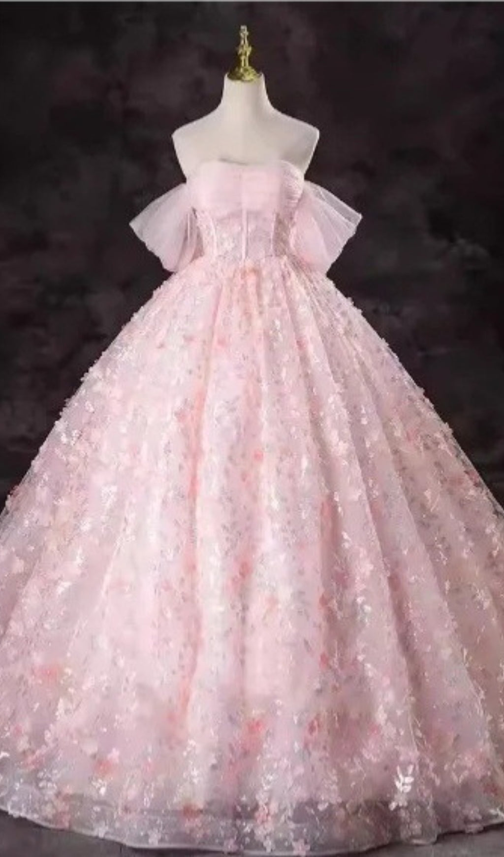 PINK OFF SHOULDER 3D FLOWER TULLE BALL GOWN PRINCESS MAXI DRESS