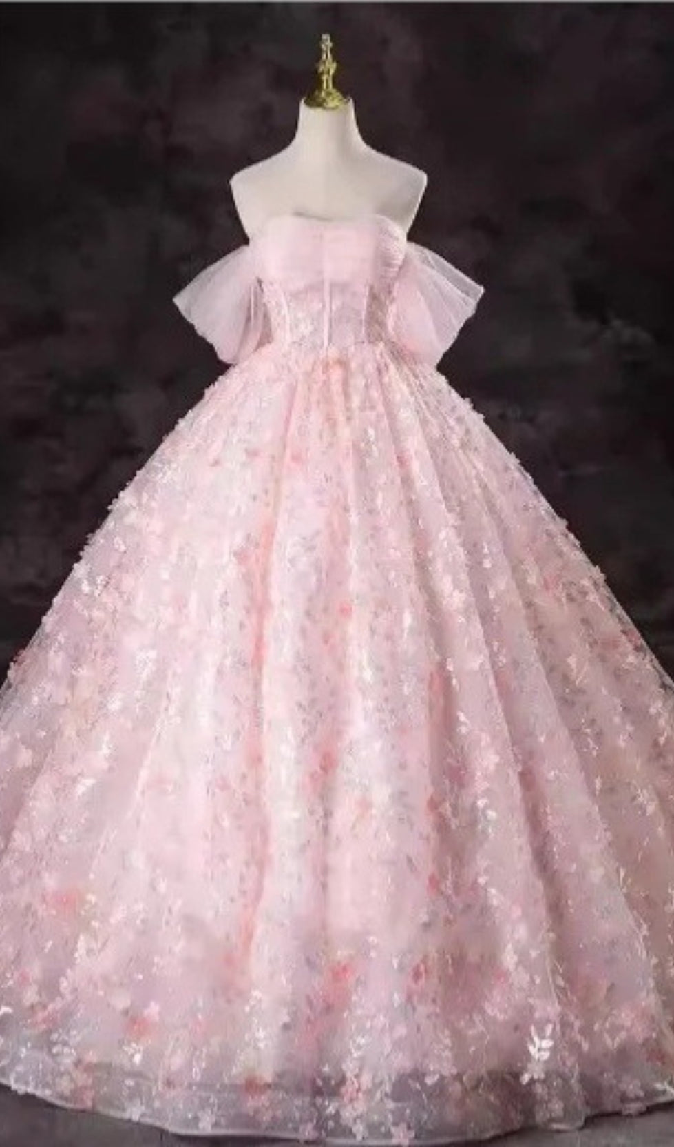PINK OFF SHOULDER 3D FLOWER TULLE BALL GOWN PRINCESS MAXI DRESS