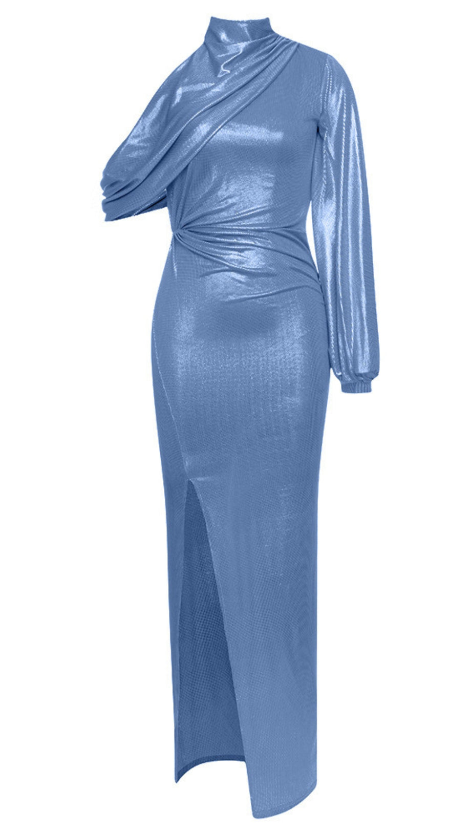 METALLIC DRAPED SLIT MIDI DRESS IN LIGHT BLUE
