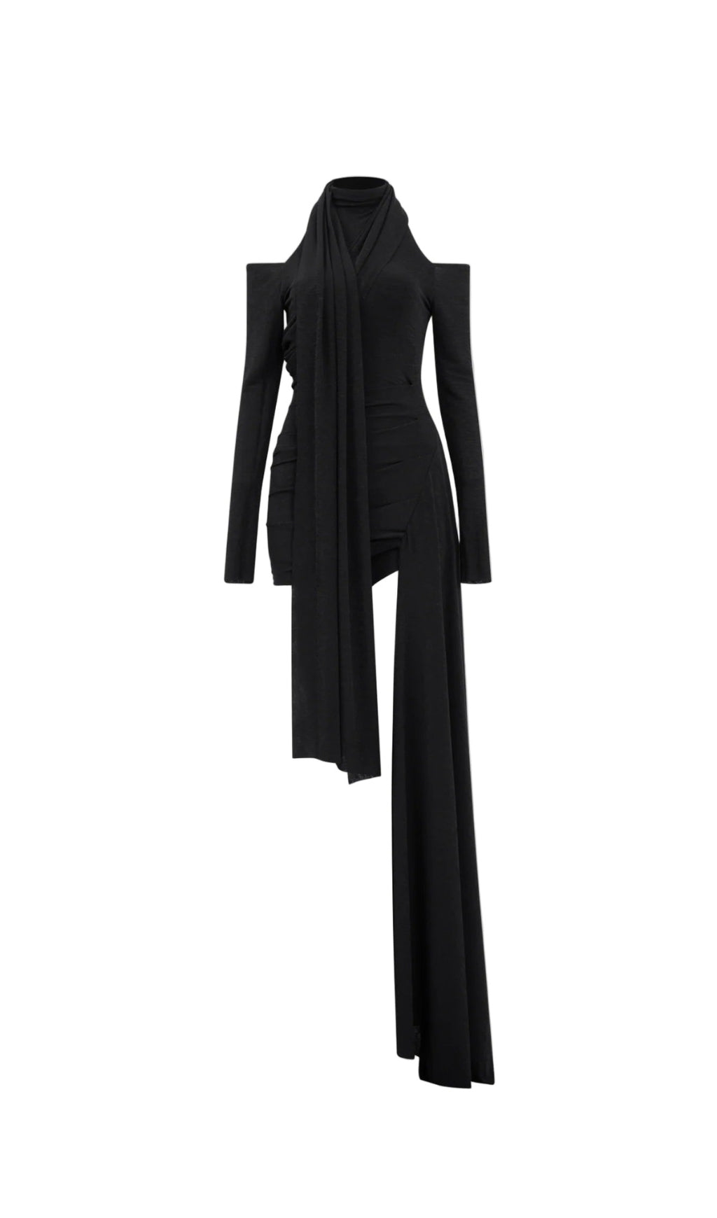 MINI ABITO ADERENTE NERO CON SPALLE SCOPERTE E MANTELLA