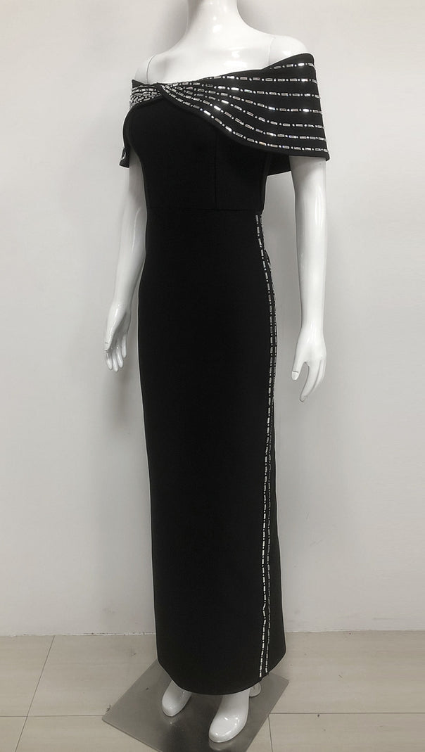 AIIZIE OFF - SHOULDER RHINESTONE - TRIMMED BODYCON MIDI DRESS IN BLACK - product image