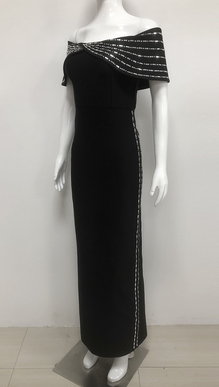 OFF - SHOULDER RHINESTONE - TRIMMED BODYCON MIDI DRESS IN BLACK