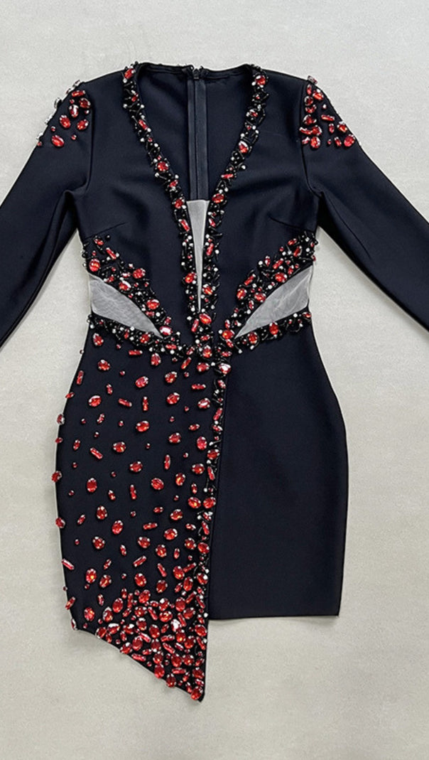 AIIZIE PLUNGE NECK RED RHINESTONE EMBELLISHED CUTOUT MINI DRESS IN BLACK - product image