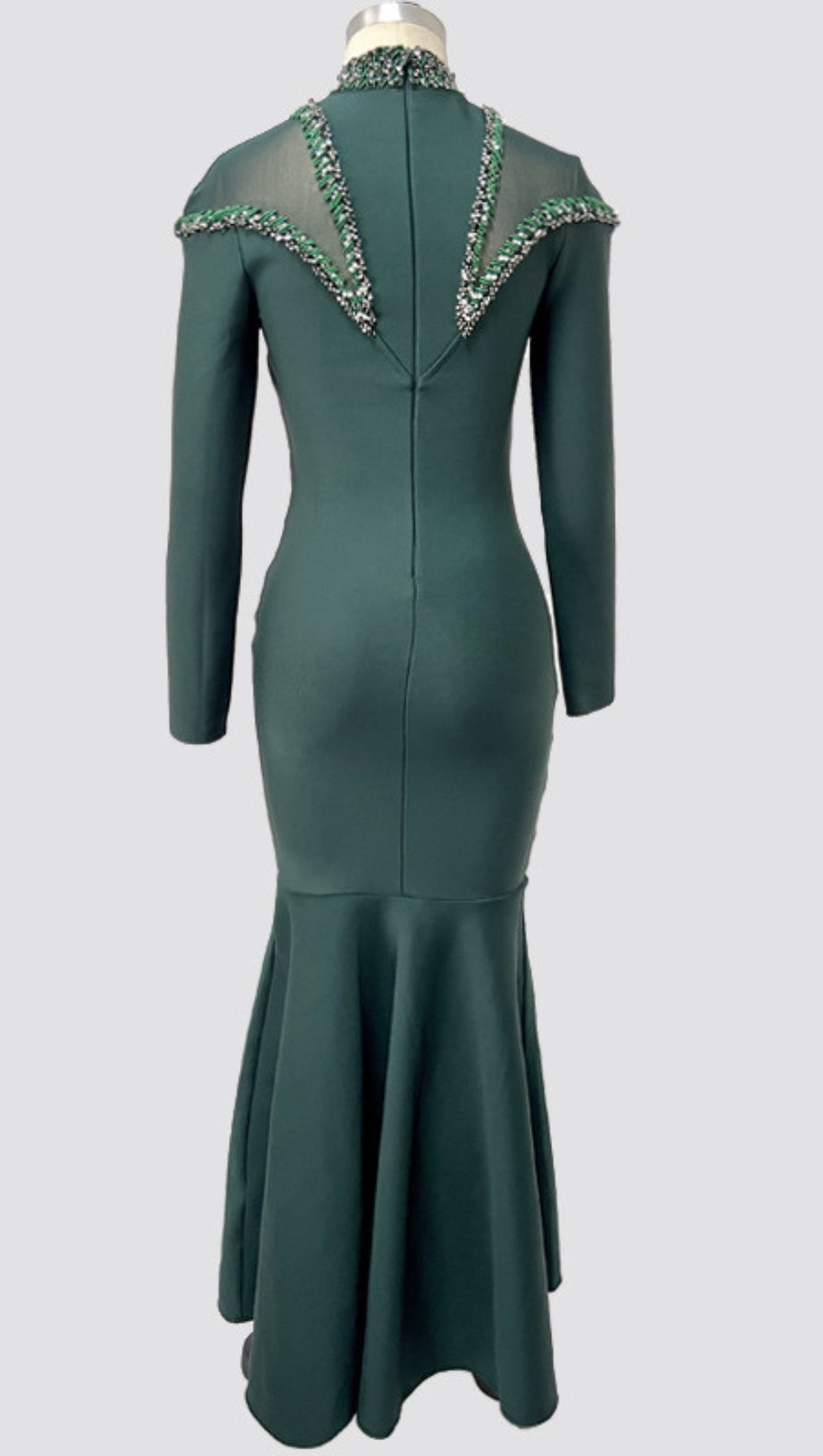 MOCK NECK BEADED MERMAID MAXI DRESS IN DARK GREEN