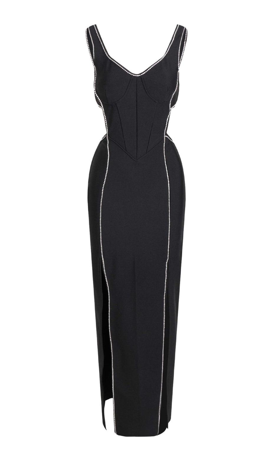 Schwarzes Maxikleid mit V-Ausschnitt und seitlichem Schlitz und Strassbesatz