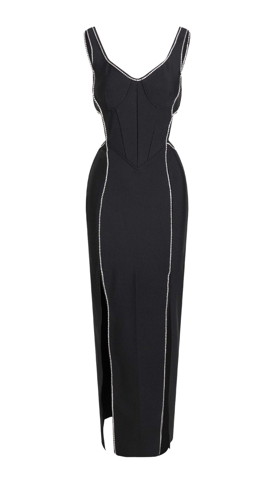RHINESTONE - TRIMMED V - NECK SIDE - SLIT MAXI DRESS IN BLACK