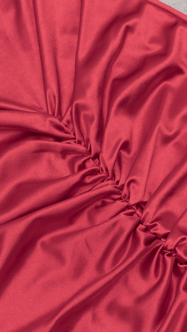 AIIZIE SATIN RUCHED RUFFLE MIDI DRESS IN RED - product image