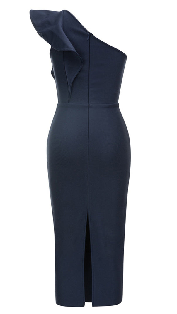 AIIZIE ONE - SHOULDER RHINESTONE - TRIM RUFFLE MIDI DRESS IN NAVY BLUE - product image