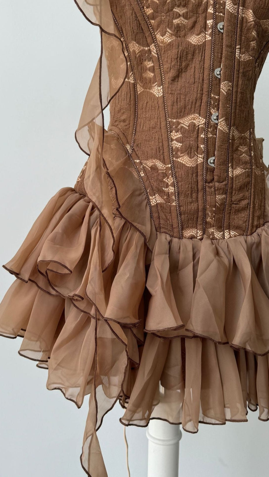 ALTHEA RUFFLE TRIM FISH BONES MINI DRESS IN BROWN