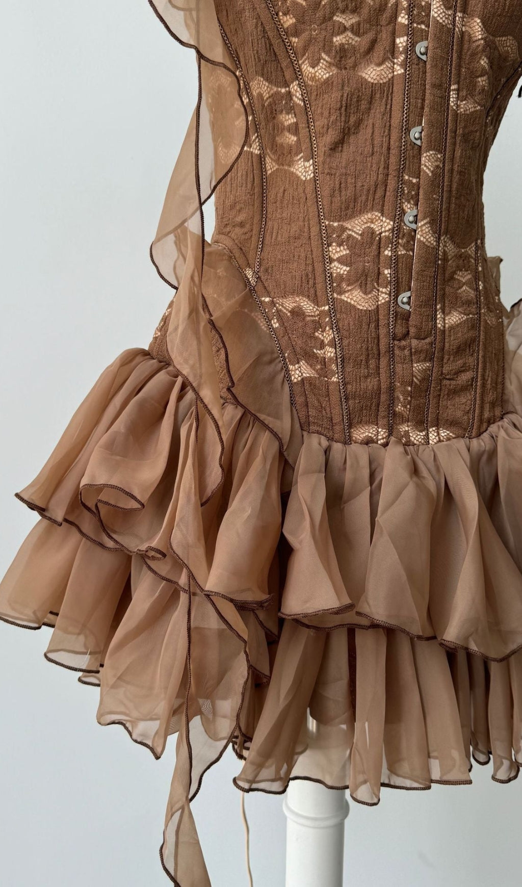 AIIZIE ALTHEA RUFFLE TRIM FISH BONES MINI DRESS IN BROWN - product image