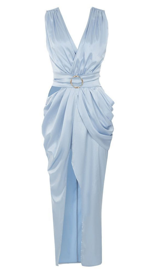 AIIZIE SATIN RUCHED BELTED MIDI DRESS IN LIGHT BLUE - product image