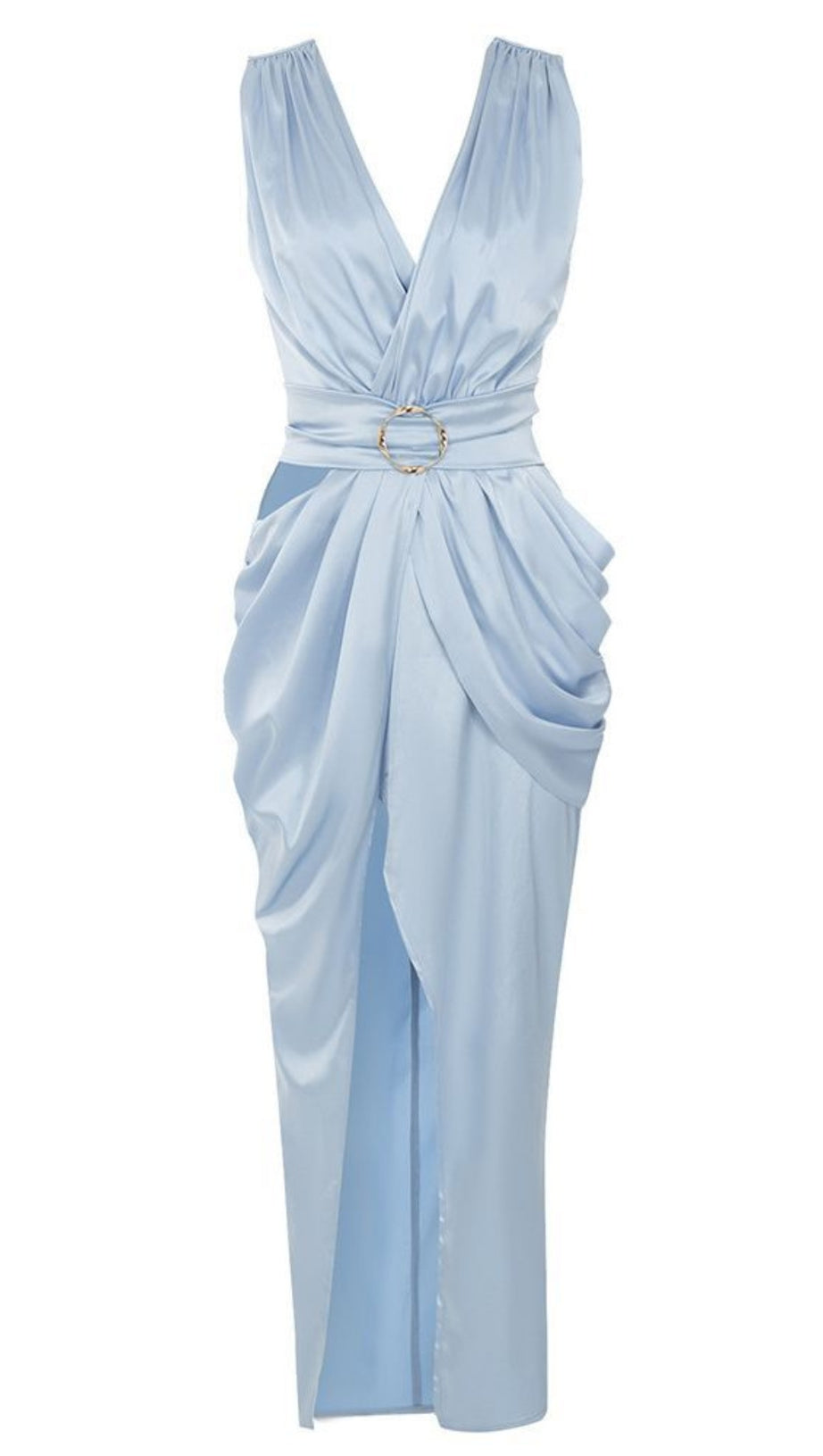 Satin-Midikleid mit Rüschen und Gürtel in Hellblau