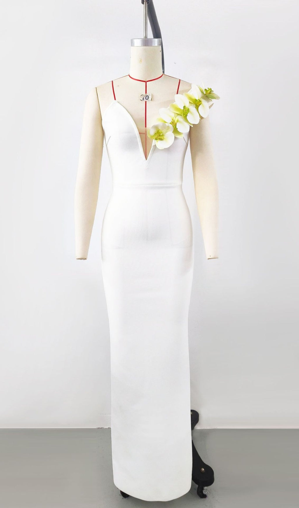 WHITE ONE-SHOULDER FLORAL BANDAGE SPLIT MAXI DRESS