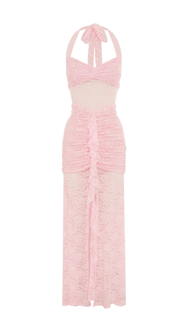 AIIZIE PINK LACE HALTER NECK MAXI DRESS - product image