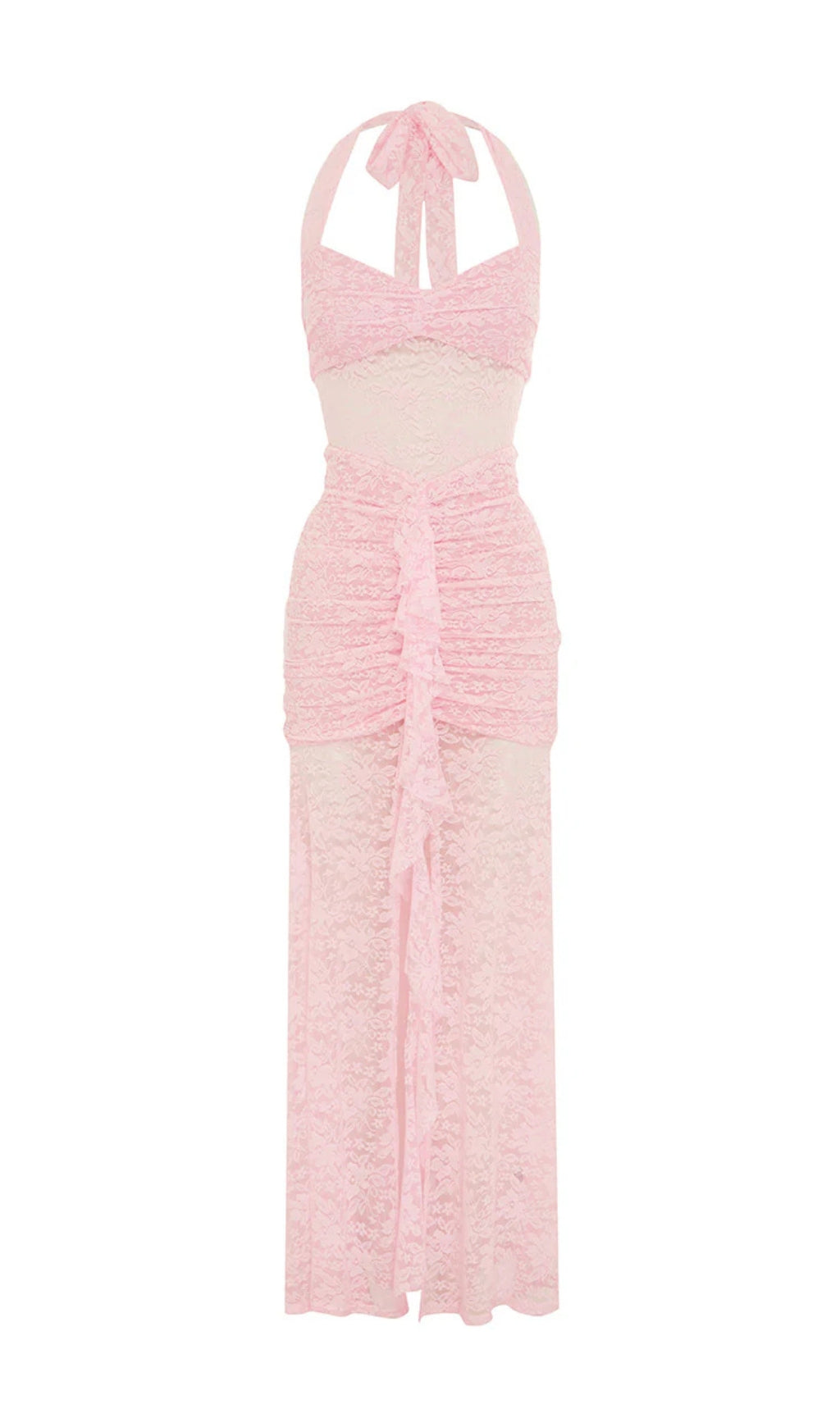 PINK LACE HALTER NECK MAXI DRESS