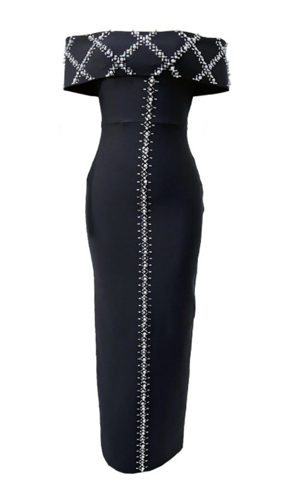 Off Shoulder Rhinestone Embellished Midi Dress in Black