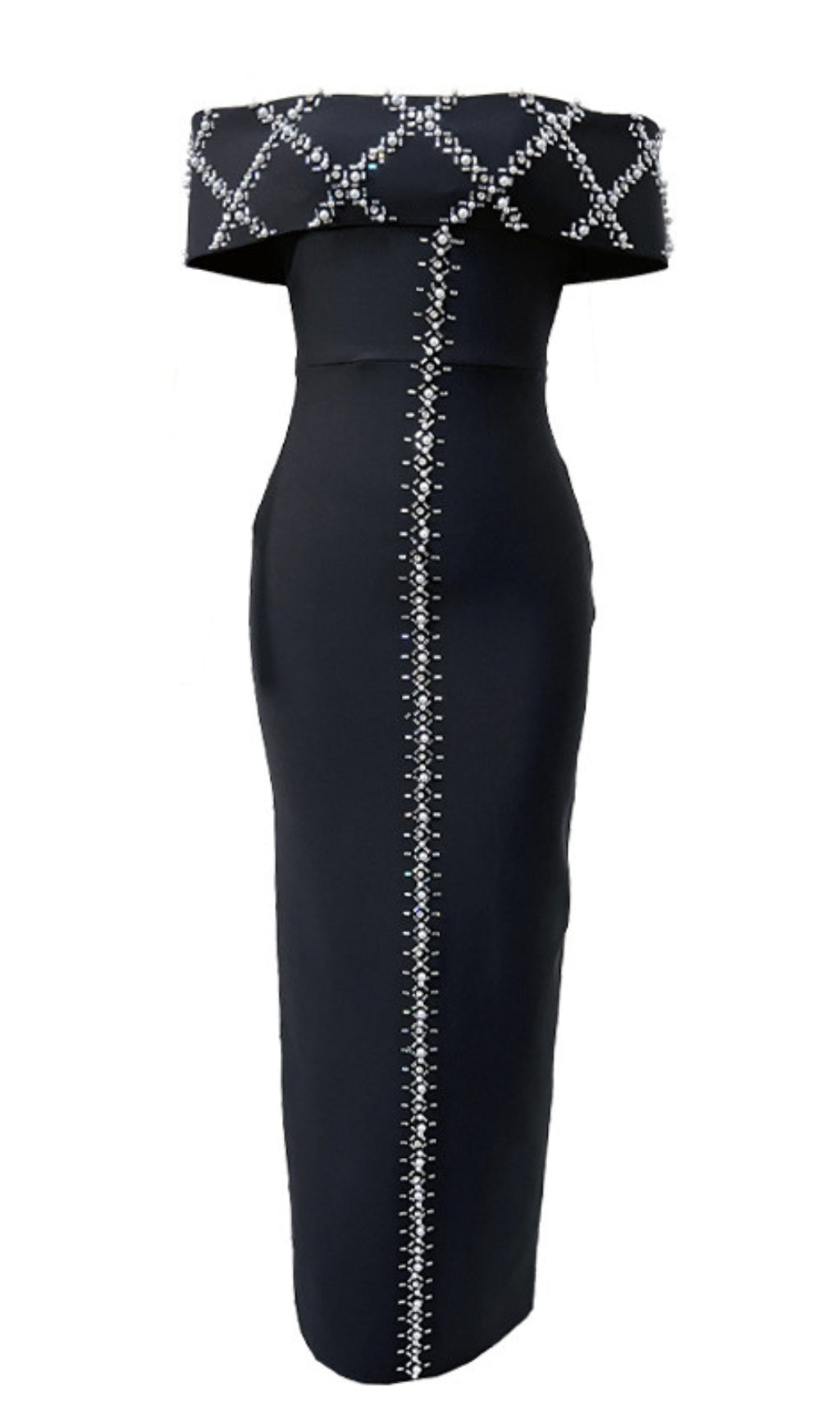 Schulterfreies, mit Strass verziertes Midikleid in Schwarz