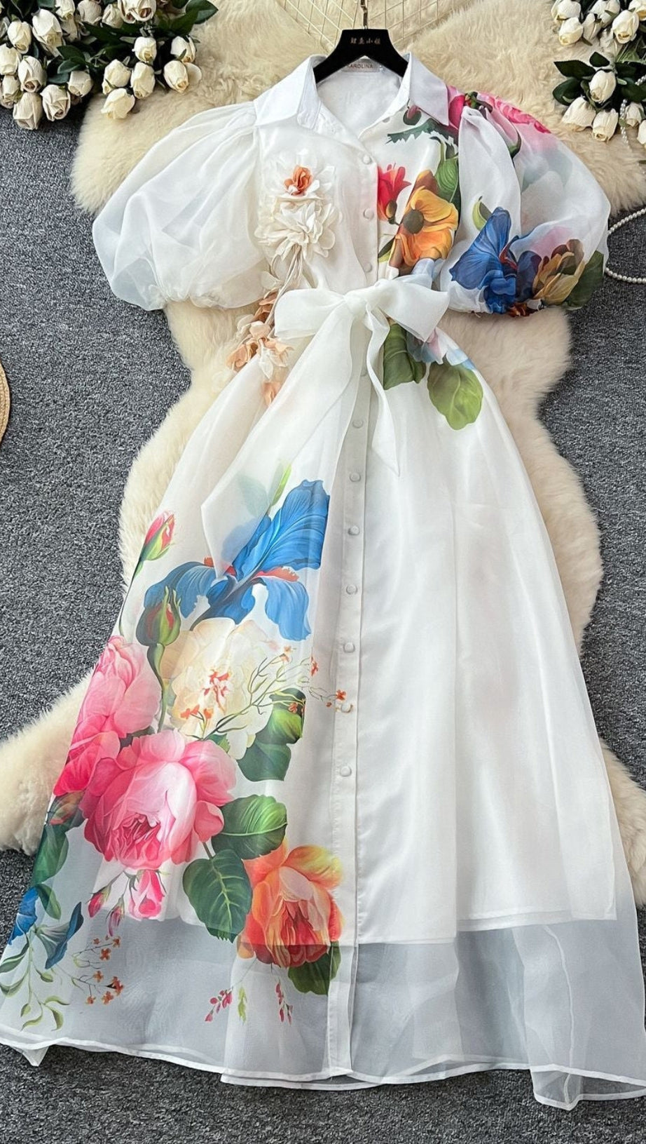 SINGLE-BREASTED FLORAL PRINTED PUFF SLEEVE MAXI DRESS IN APRICOT