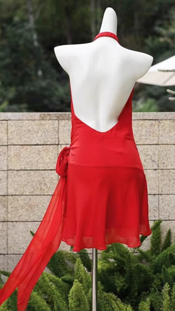 AIIZIE HALTER BACKLESS V-NECK SLEEVELESS LACE-UP MINI DRESS IN RED - product image