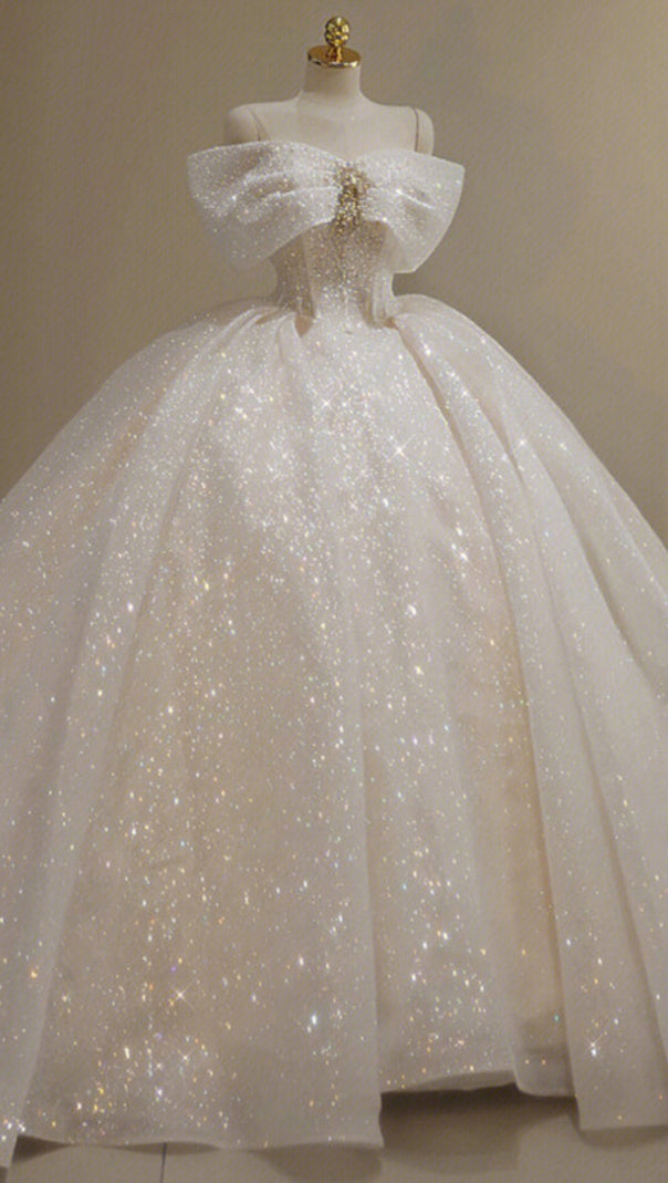 AIIZIE CHAMPAGNE SPARKLE TULLE BALL GOWN OFF SHOULDER BOW PRINCESS DRESS - product image