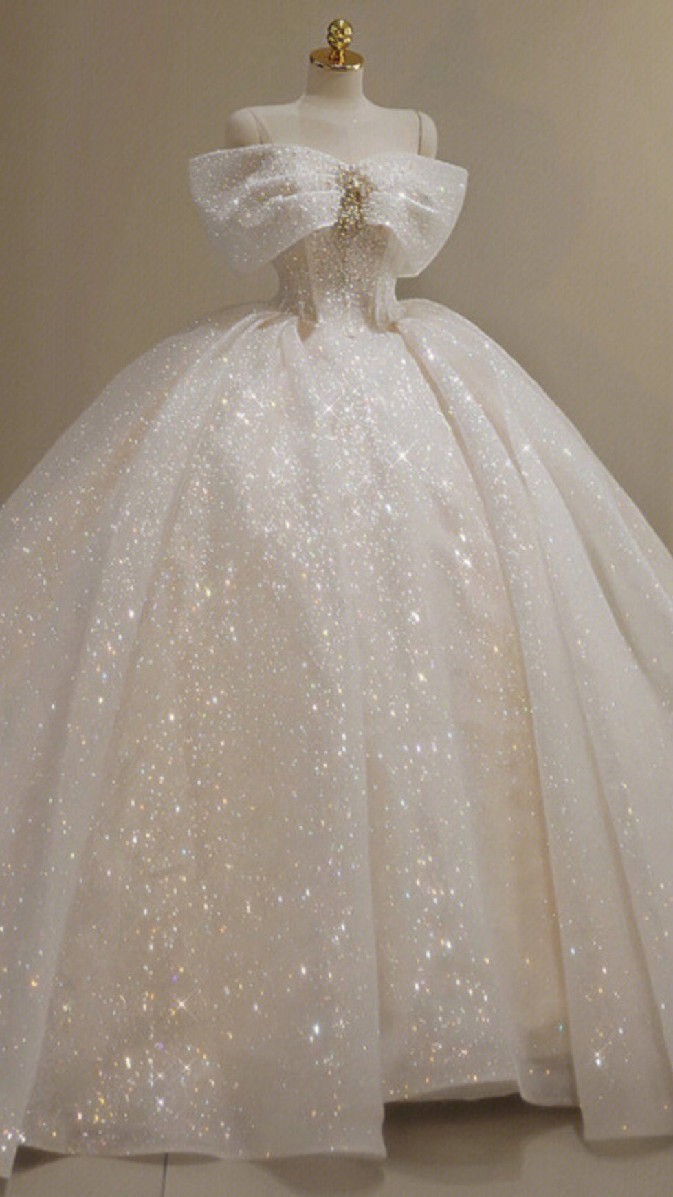 CHAMPAGNE SPARKLE TULLE BALL GOWN OFF SHOULDER BOW PRINCESS DRESS
