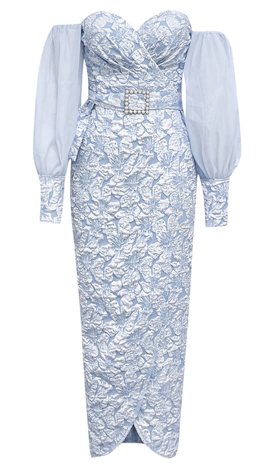 FLORAL BROCADE OFF - SHOULDER BELTED MIDI DRESS IN LIGHT BLUE
