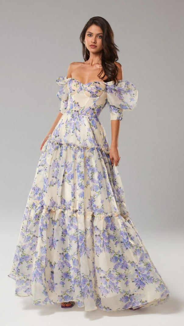 AIIZIE HYDRANGEA PRINT VOLUMINOUS SLEEVES MAXI DRESS IN BLUE - product image