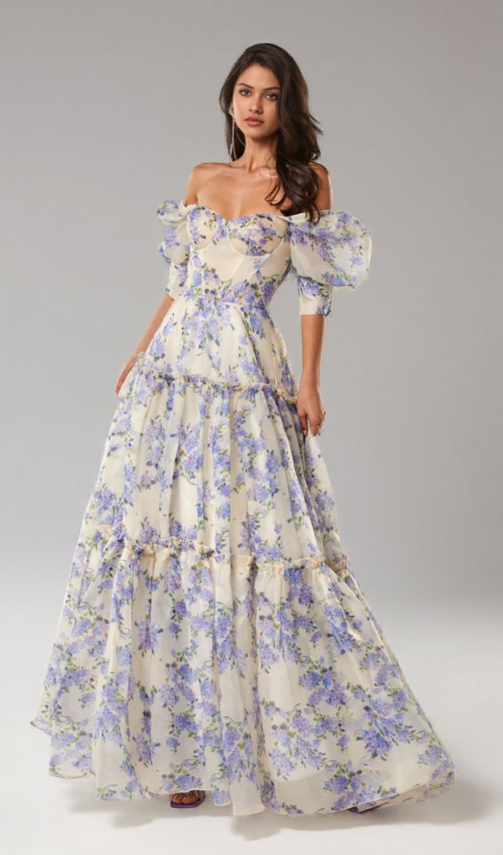 HYDRANGEA PRINT VOLUMINOUS SLEEVES MAXI DRESS IN BLUE