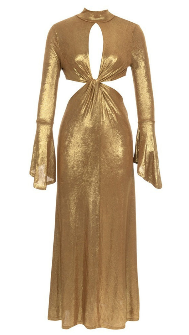 AIIZIE CUT - OUT TWIST FRONT FLARE - SLEEVE MAXI DRESS IN GOLD - product image
