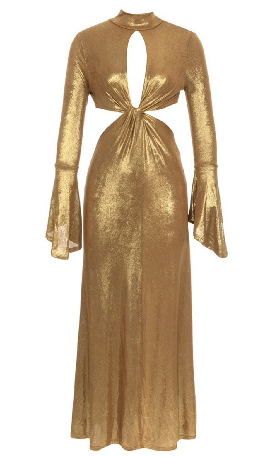 Cut - Out Twist Front Flare - Sleeve Maxi Dress in Gold