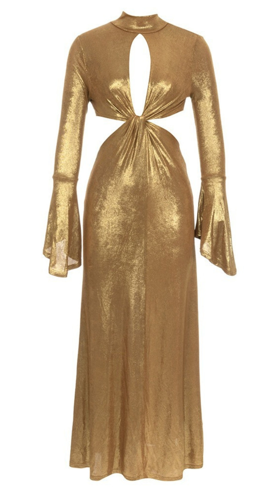 CUT - OUT TWIST FRONT FLARE - SLEEVE MAXI DRESS IN GOLD