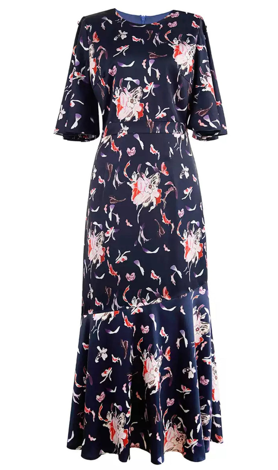 Marineblaues Midikleid mit Blumenmuster und ausgestelltem Saum 
