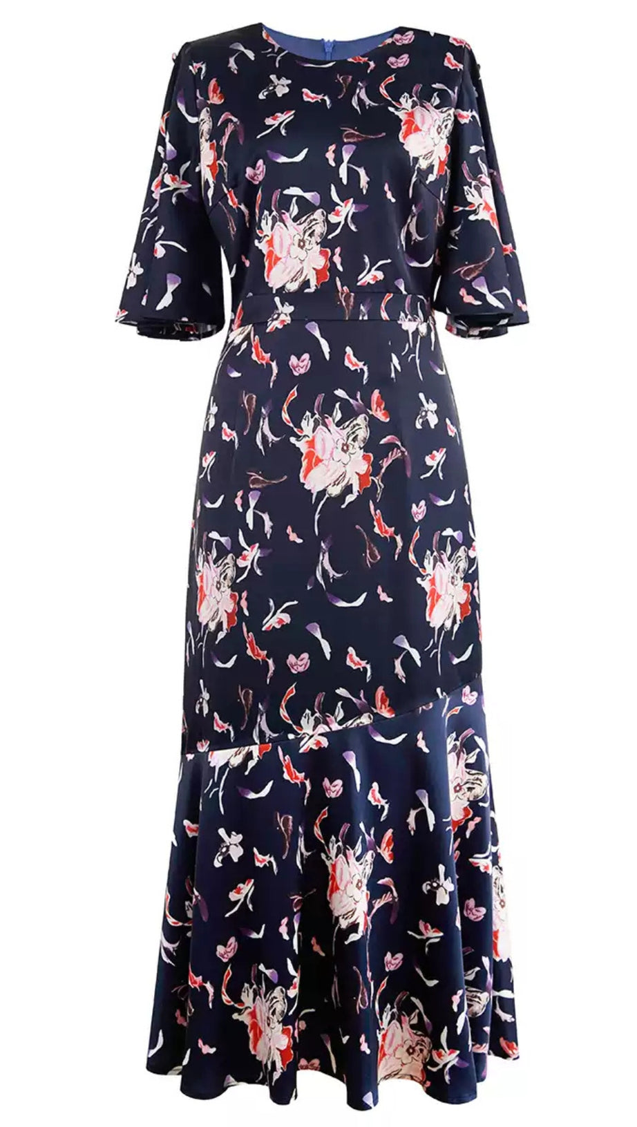 NAVY FLORAL PRINT MIDI DRESS WITH FLARED HEM