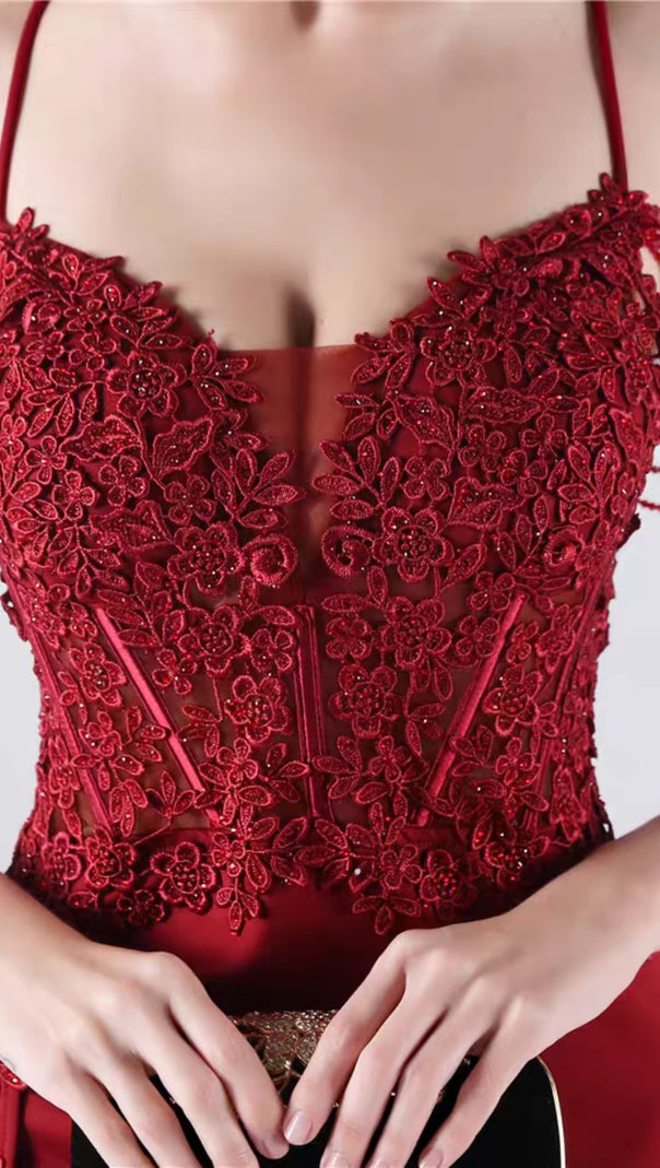 AIIZIE FLOWER BEAD CORSET MAXI DRESS IN RED - product image