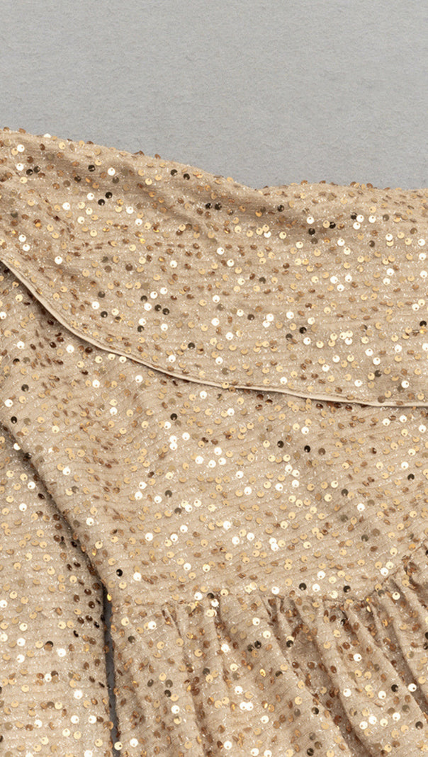AIIZIE SEQUIN ONE - SHOULDER PUFF - SLEEVE MAXI DRESS IN GOLD - product image
